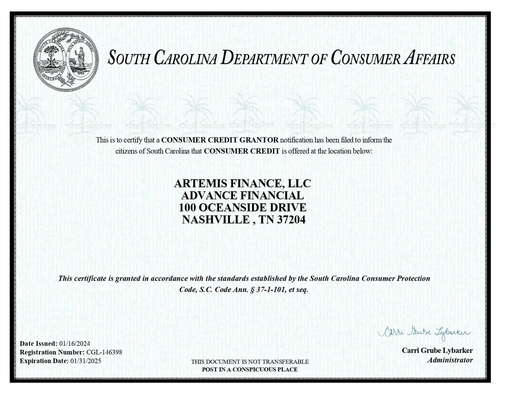 Advance Financial South Carolina Consumer Grantor Website