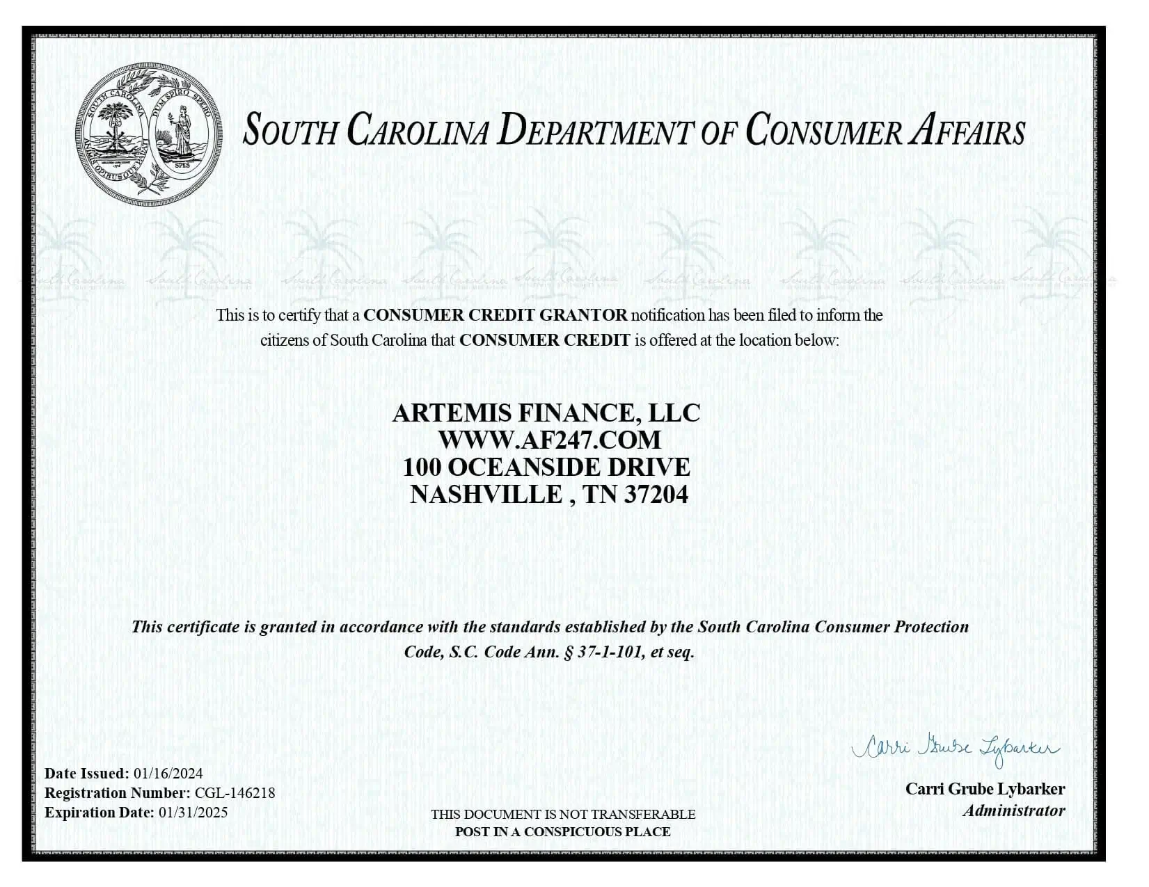 Advance Financial South Carolina Consumer Grantor Certificate