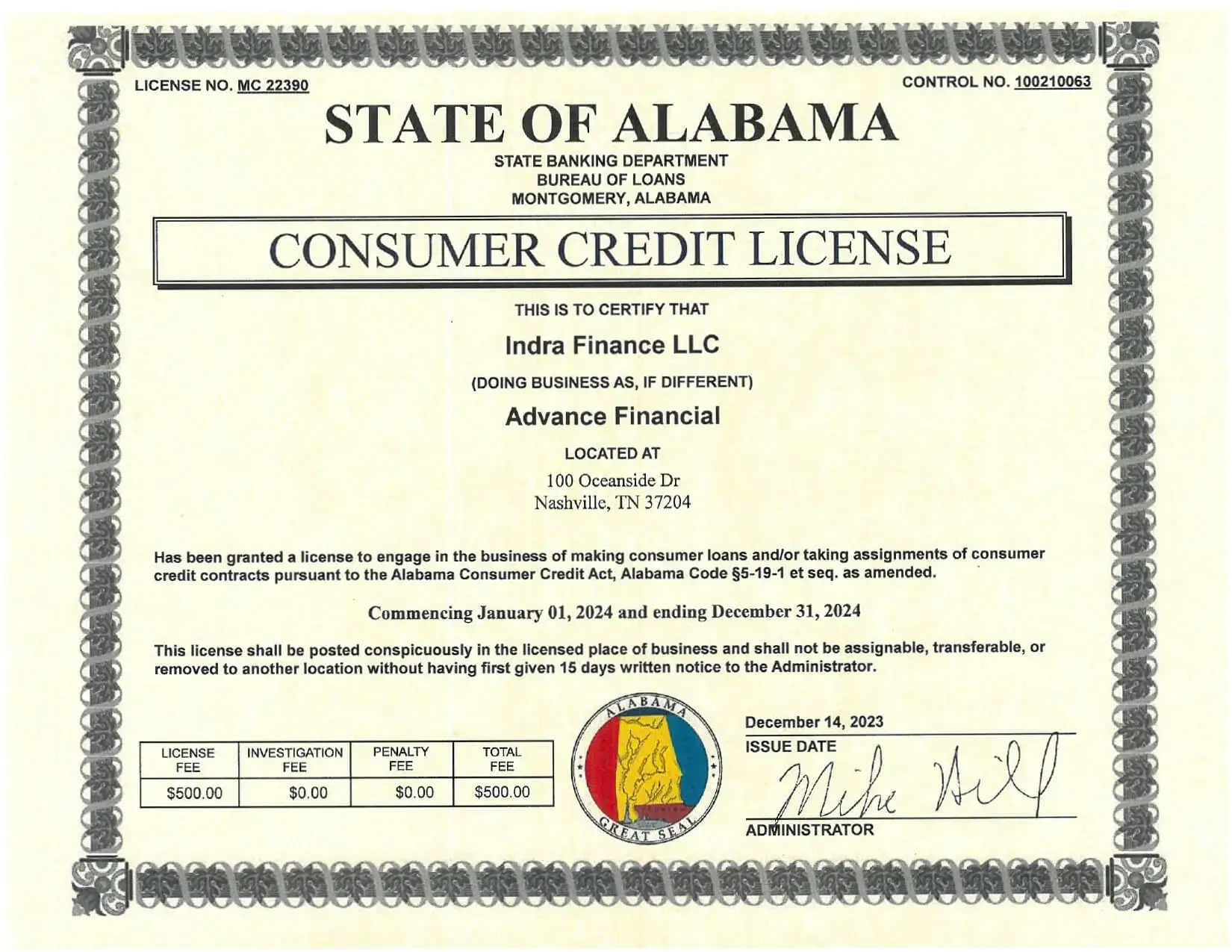 Advance Financial Alabama License