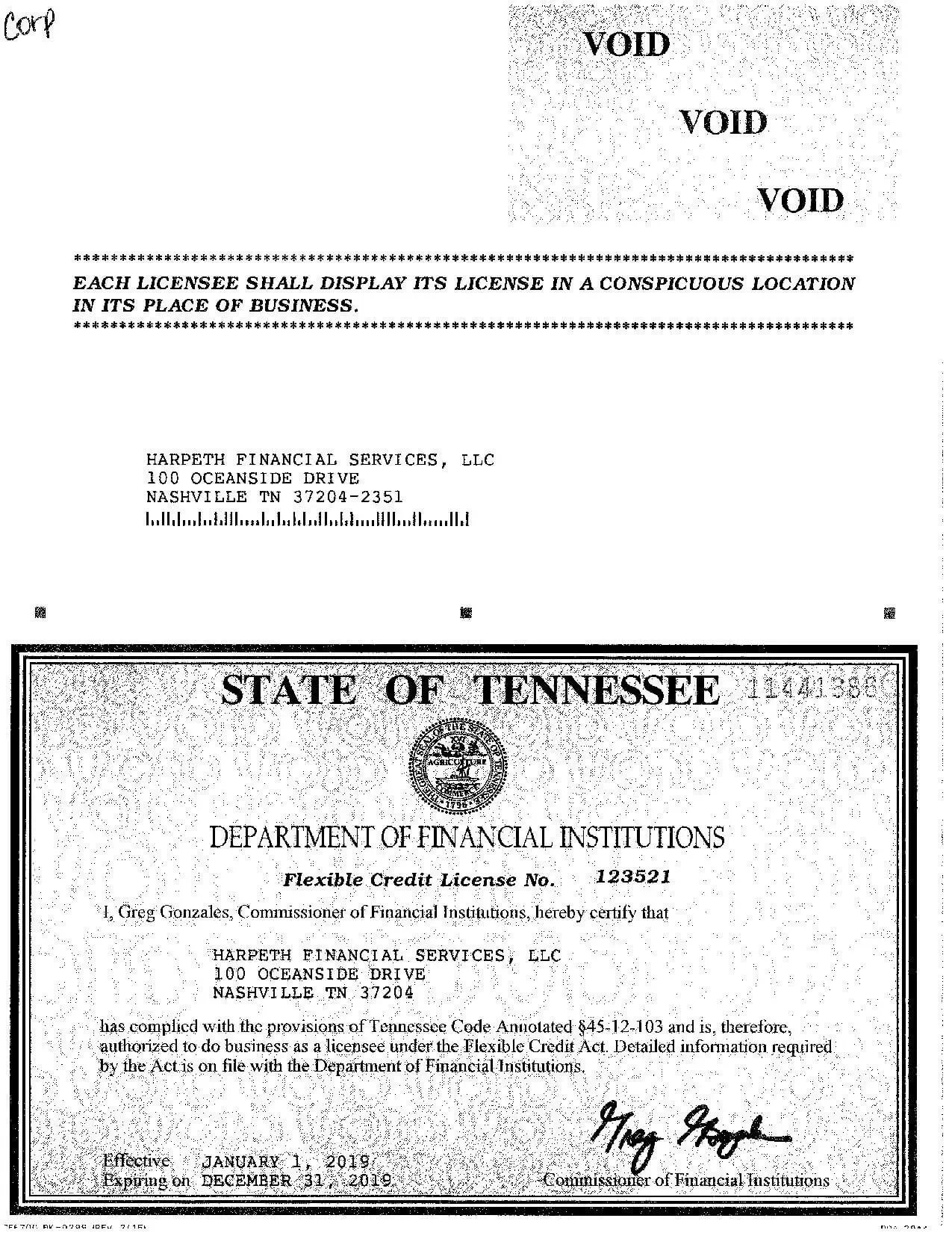 Advance Financial Tennessee License