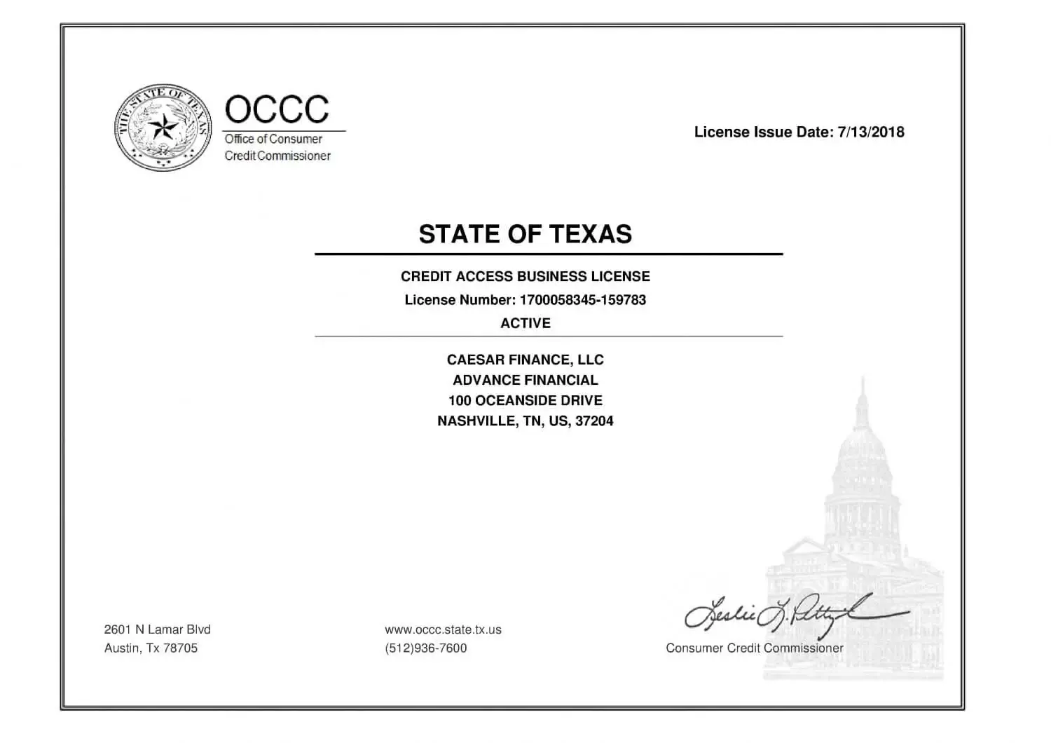 Advance Financial Texas CAB License