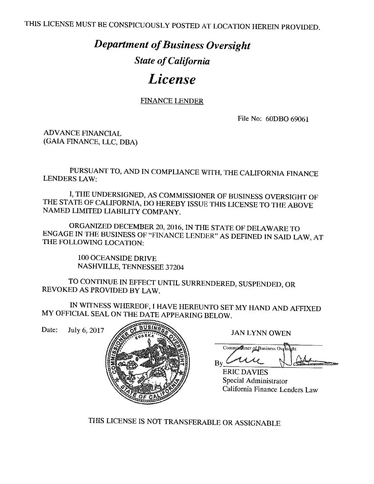 Advance Financial California License