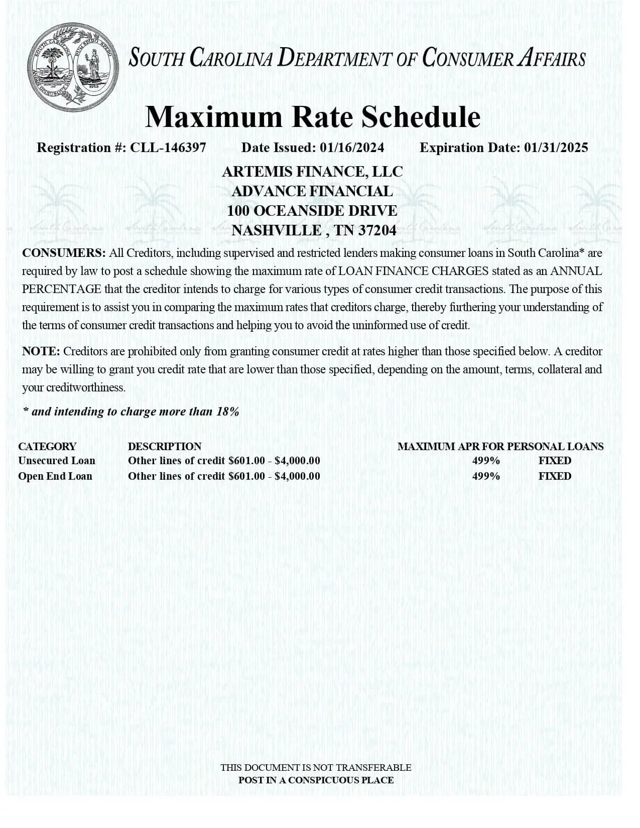 Advance Financial South Carolina Max Rate Loan Website Certificate