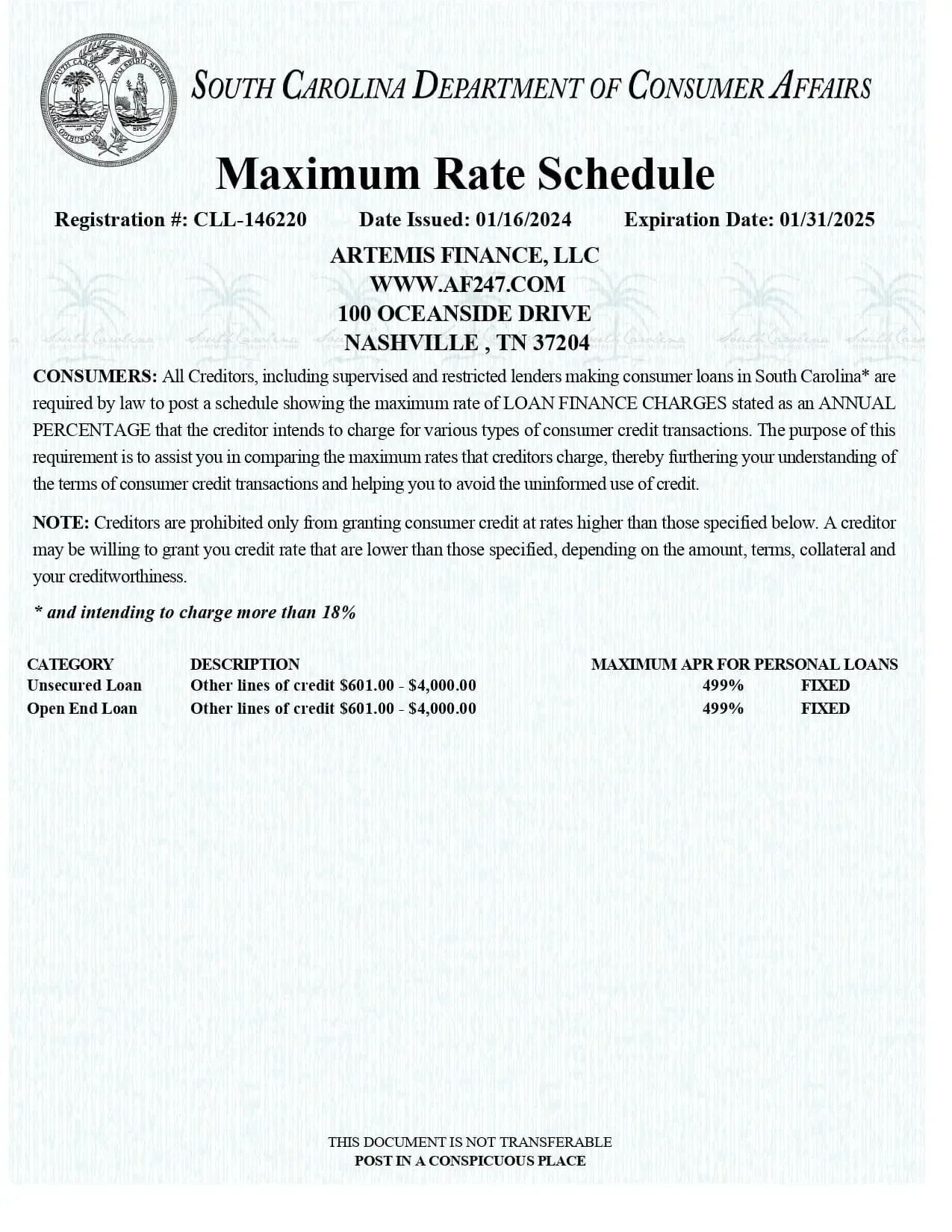 Advance Financial South Carolina Consumer Grantor Certificate