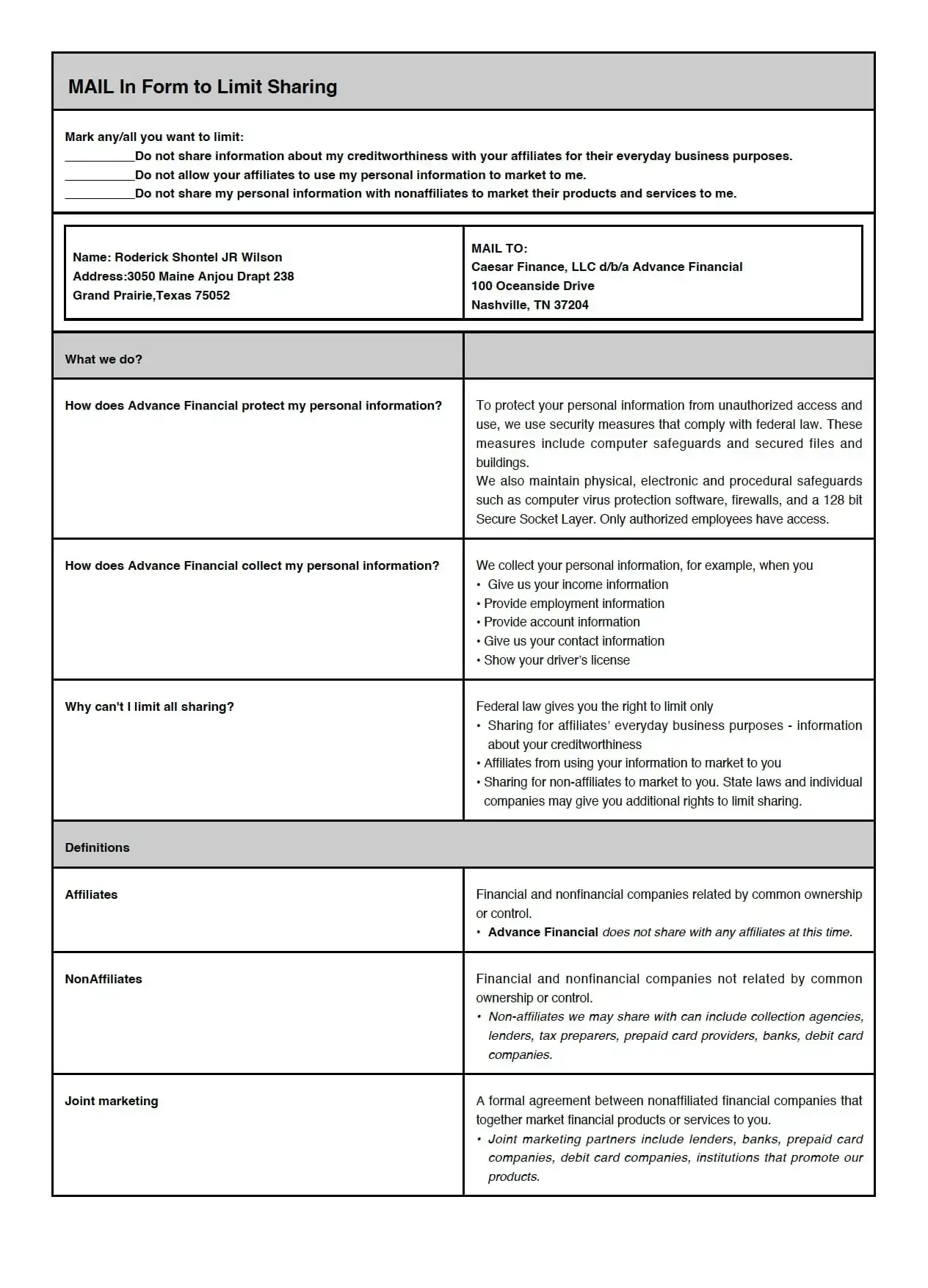 Advance Financial Privacy Policy Alabama Page 2