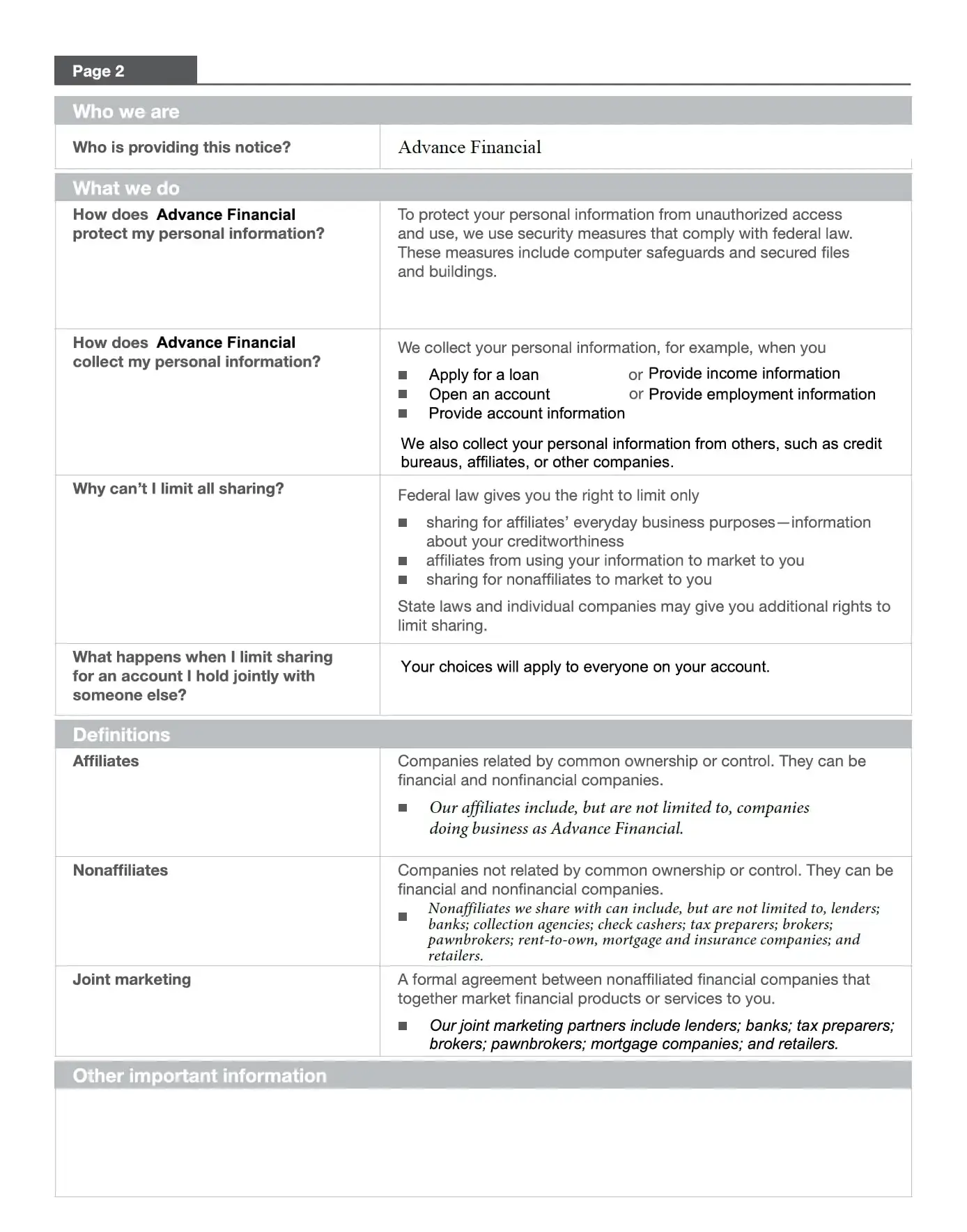 Advance Financial Privacy Policy Alabama Page 2