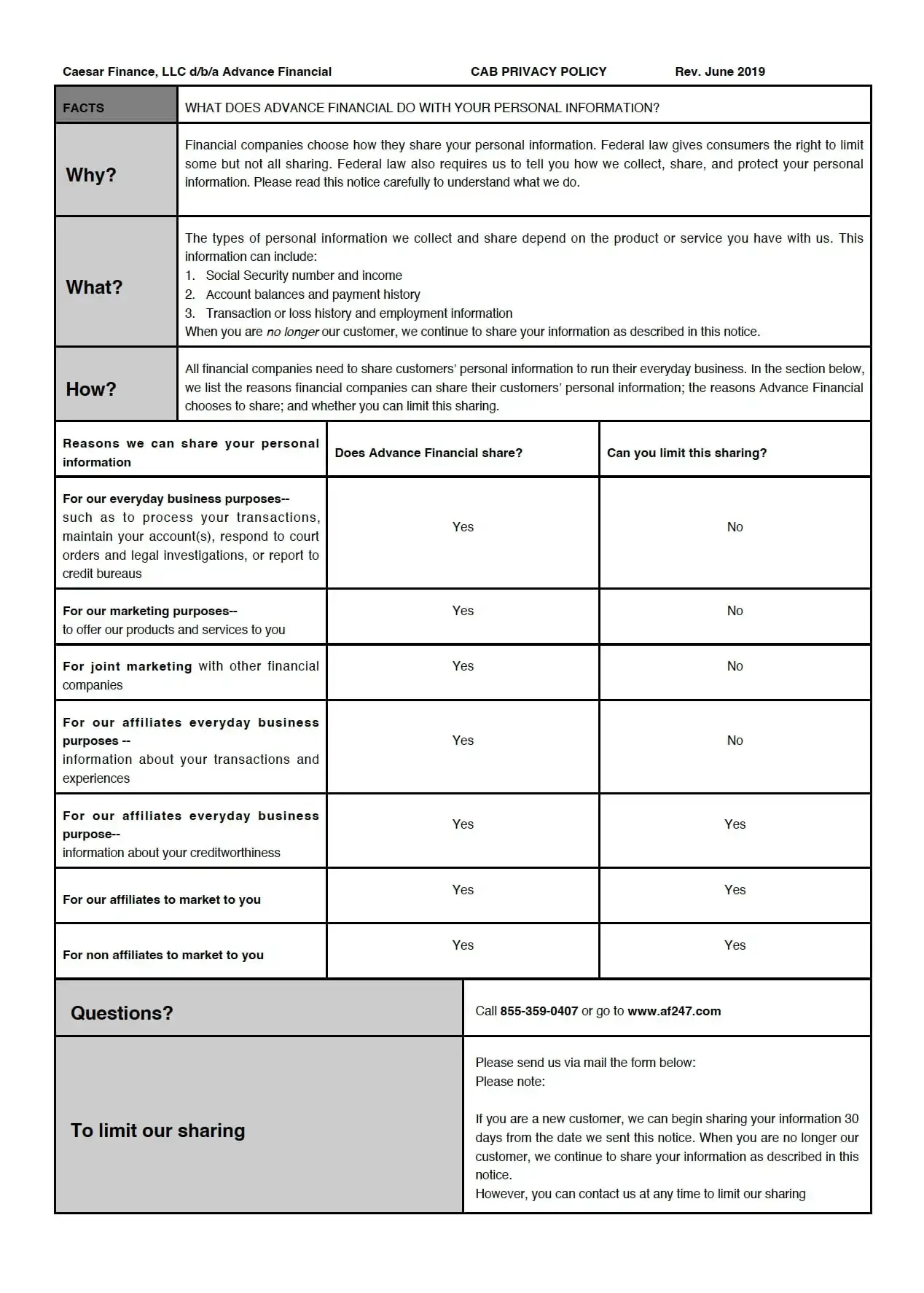 Advance Financial Privacy Policy Alabama Page 1